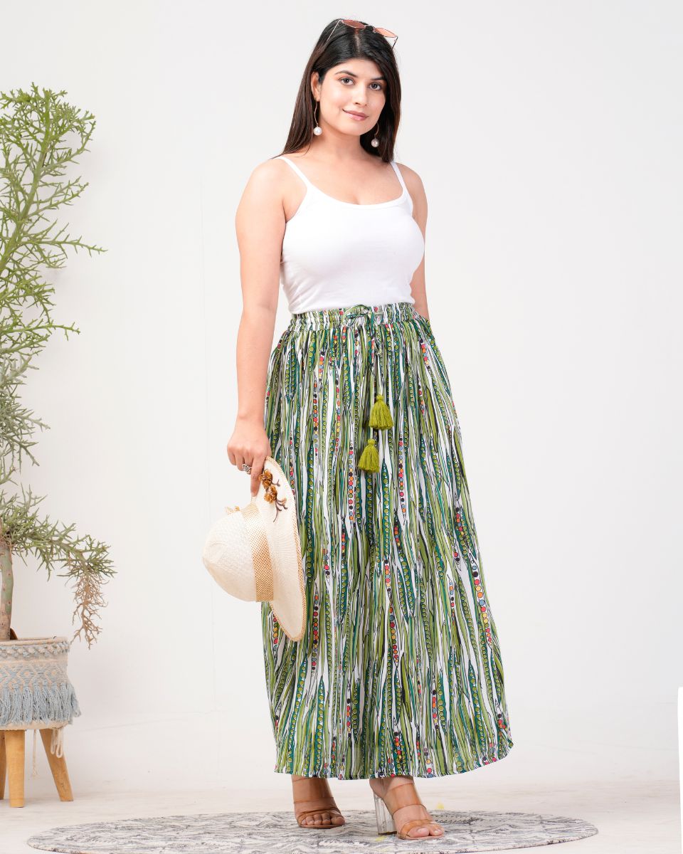 Stripped Printed Moss Green Rayon Crepe Skirt For Women