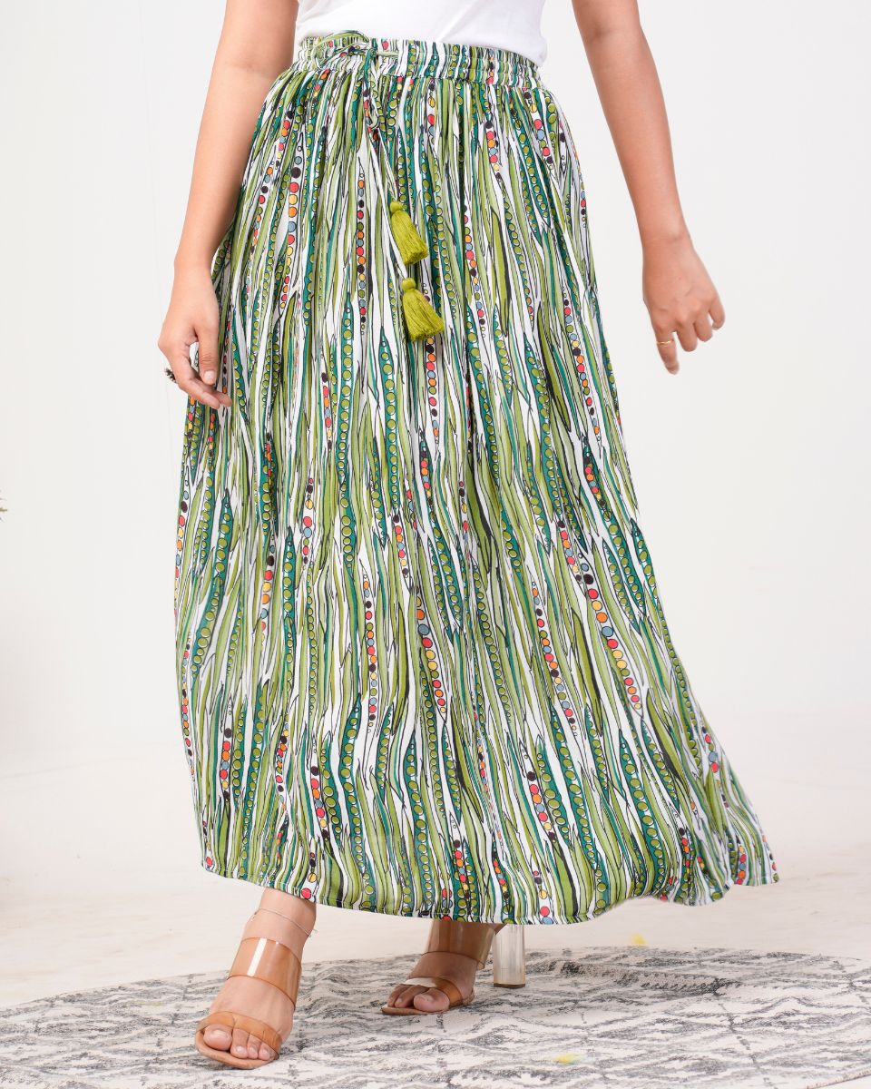 Stripped Printed Moss Green Rayon Crepe Skirt For Women