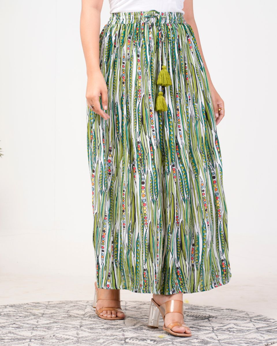 Stripped Printed Moss Green Rayon Crepe Skirt For Women