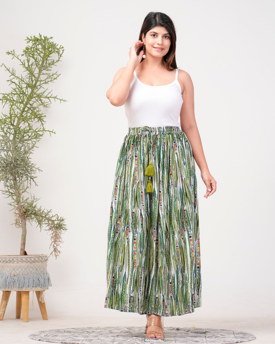 Stripped Printed Moss Green Rayon Crepe Skirt for Women