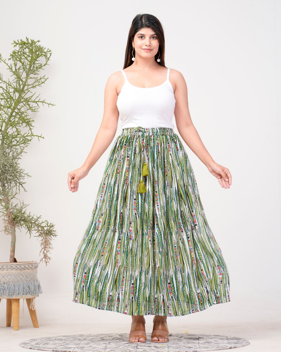 Stripped Printed Moss Green Rayon Crepe Skirt For Women