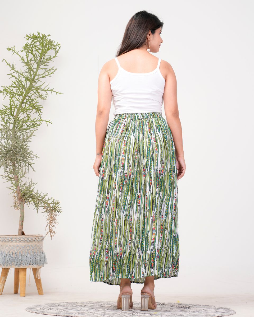 Stripped Printed Moss Green Rayon Crepe Skirt For Women