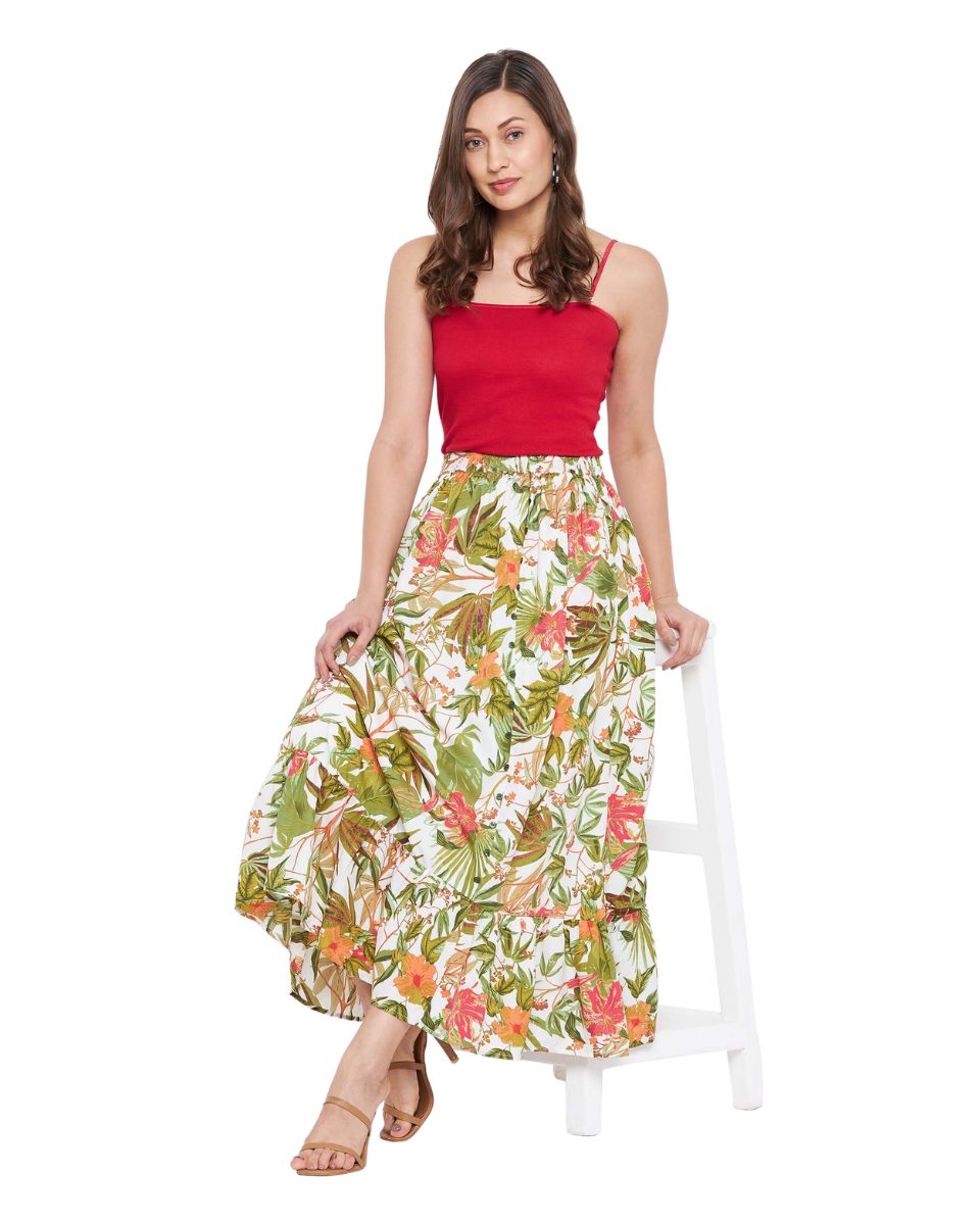 Floral And Leaf Print Multicolor Polyester Skirt For Women