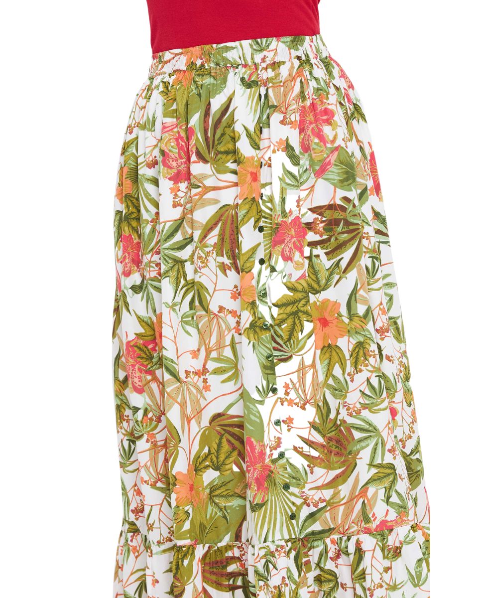 Floral And Leaf Print Multicolor Polyester Skirt For Women