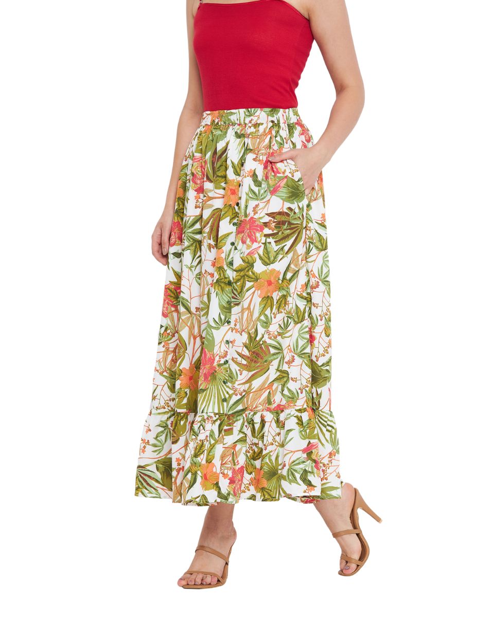 Floral And Leaf Print Multicolor Polyester Skirt For Women