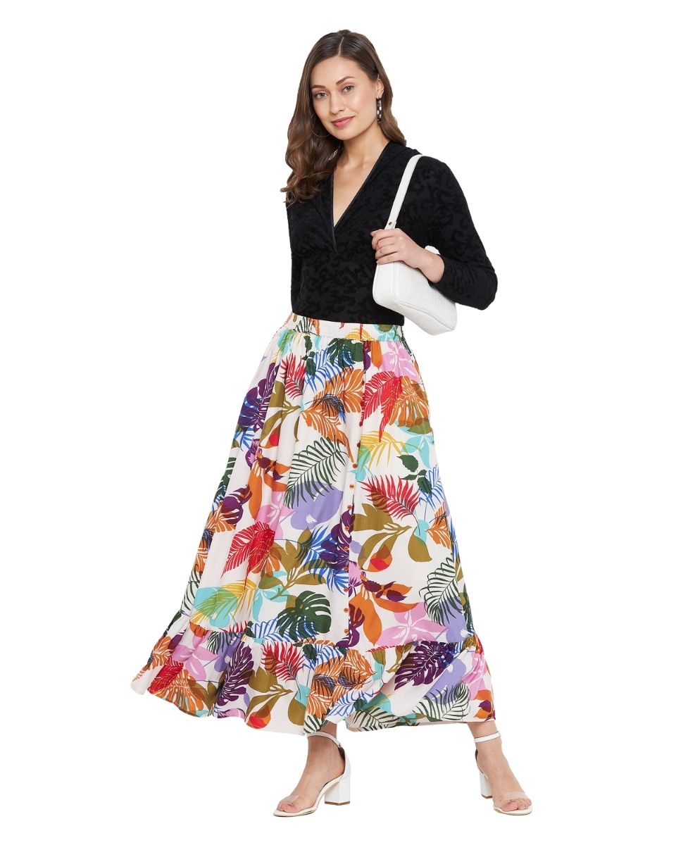Leaf Printed Multicolor Polyester Skirt for Women