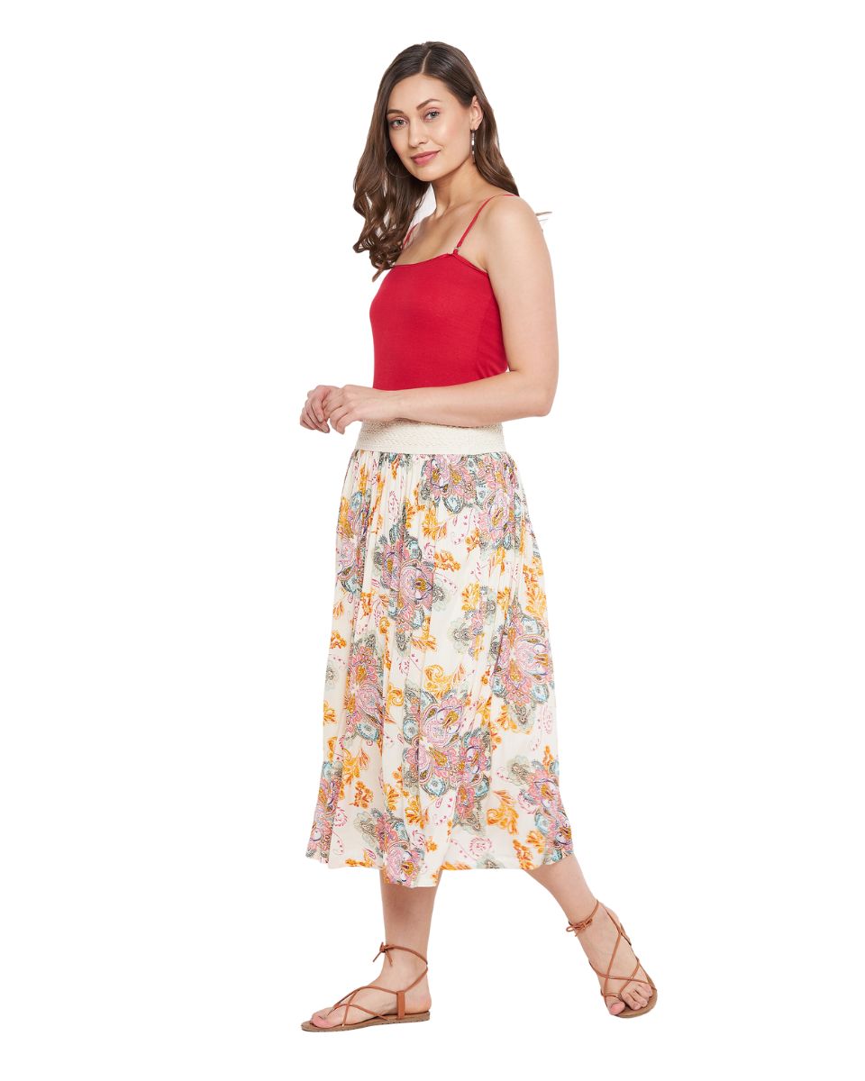 Paisley Printed Ecru Polyester Skirt For Women