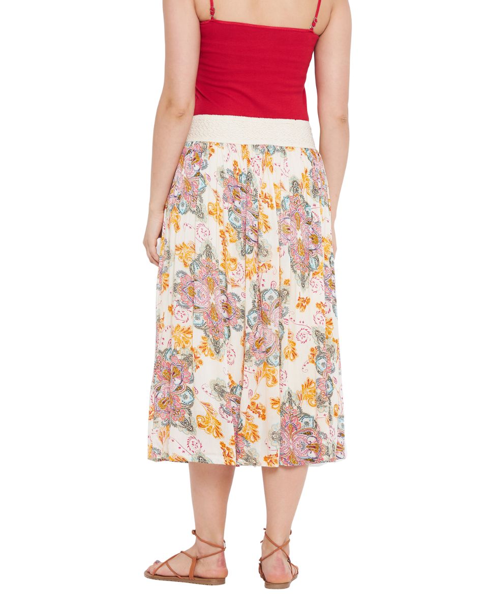 Paisley Printed Ecru Polyester Skirt For Women