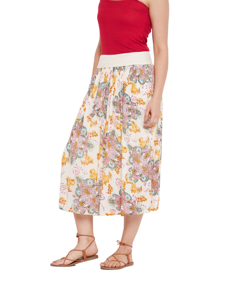 Paisley Printed Ecru Polyester Skirt For Women