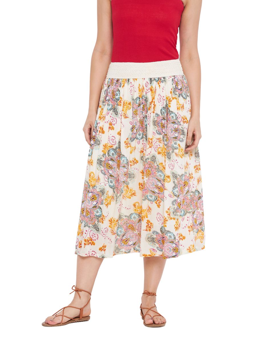 Paisley Printed Ecru Polyester Skirt for Women