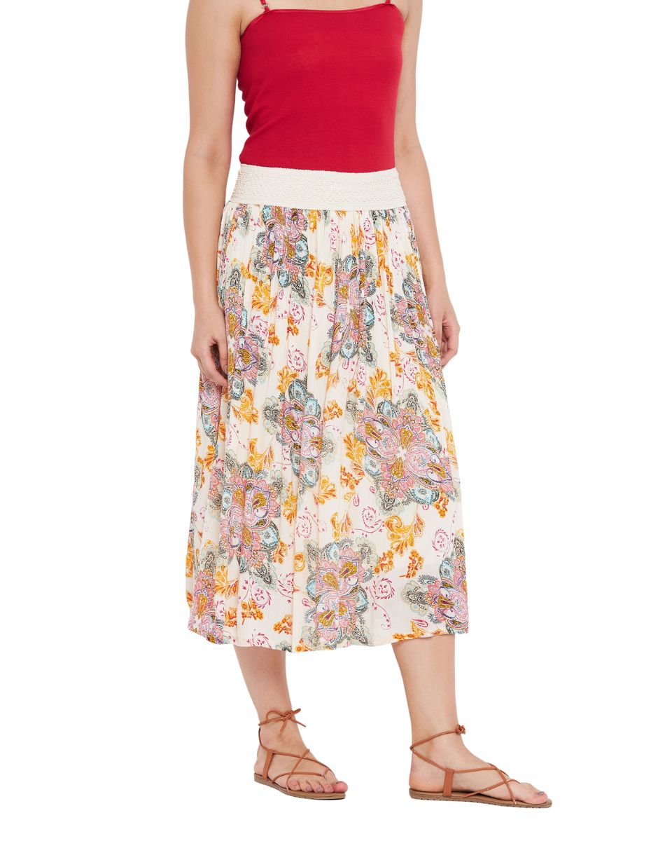 Paisley Printed Ecru Polyester Skirt For Women