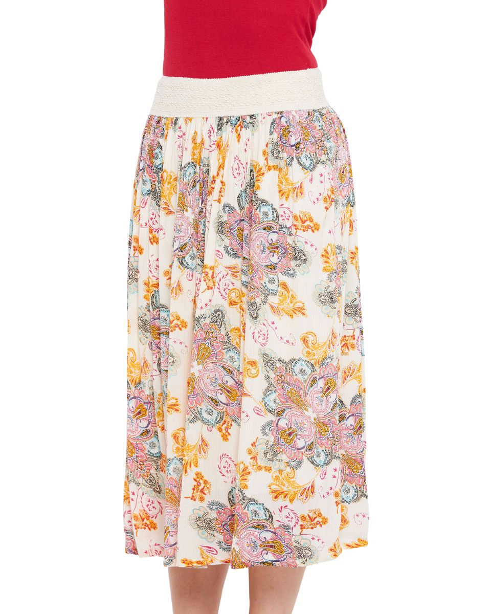 Paisley Printed Ecru Polyester Skirt For Women