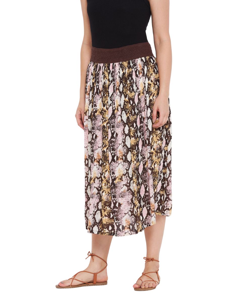 Multicolor Abstract Print Polyester Midi Skirt For Women