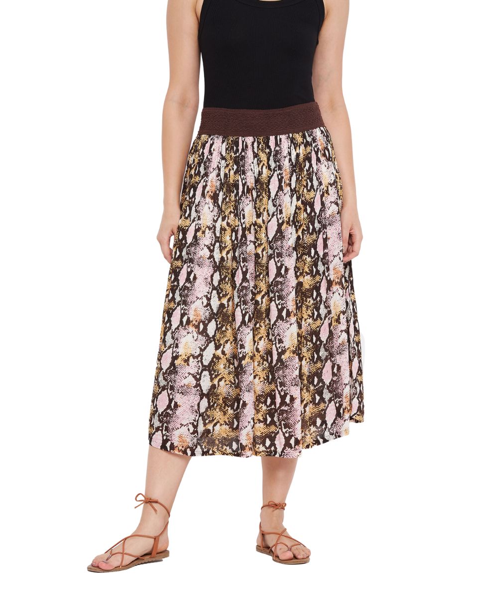 Multicolor Abstract Print Polyester Midi Skirt For Women