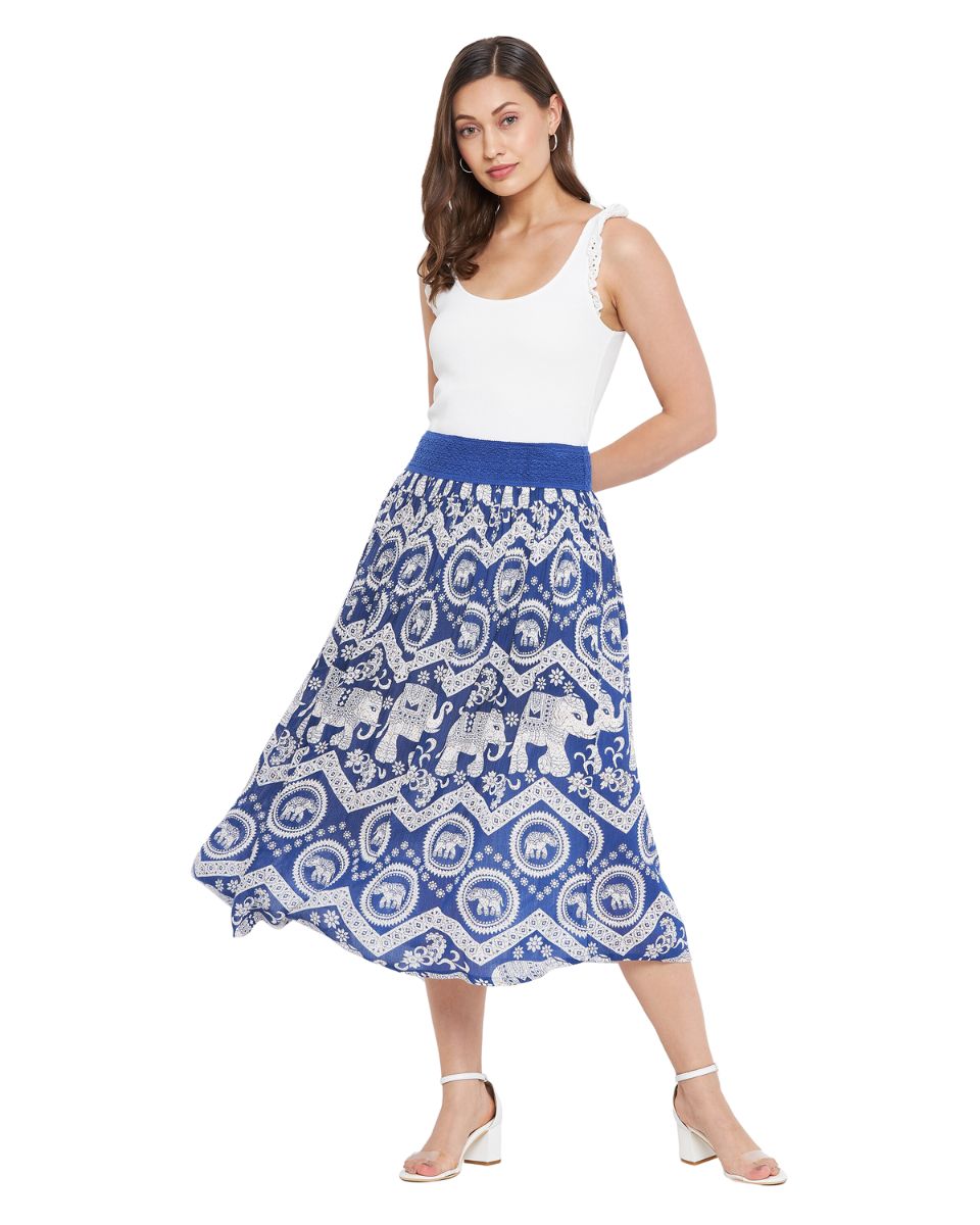 Rajasthani Print Blue Polyester Midi Skirt For Women