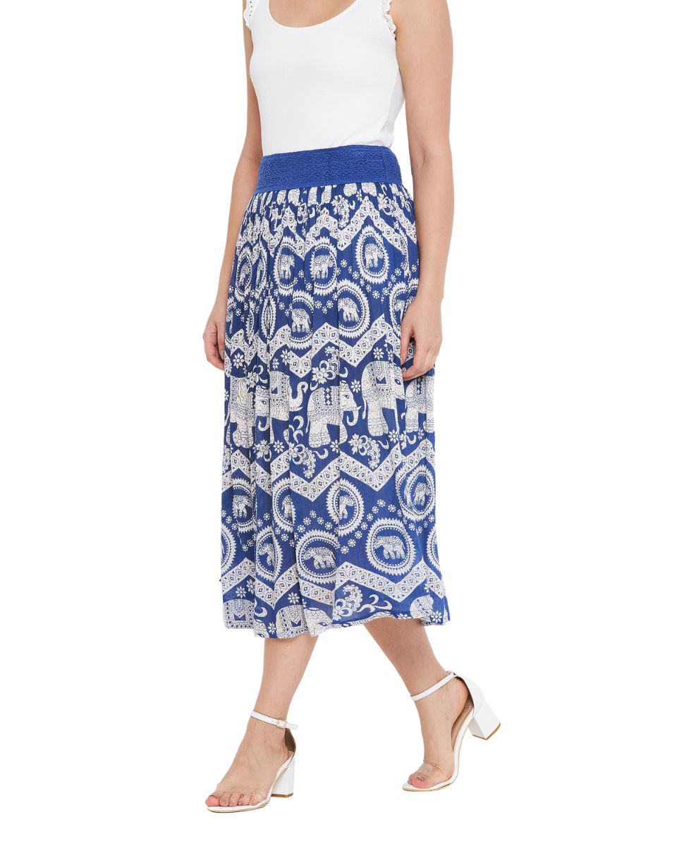 Rajasthani Print Blue Polyester Midi Skirt For Women