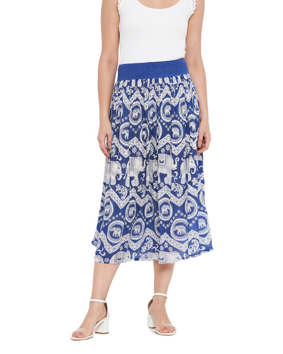 Blue Elephant Print Women Midi Skirt Size S
