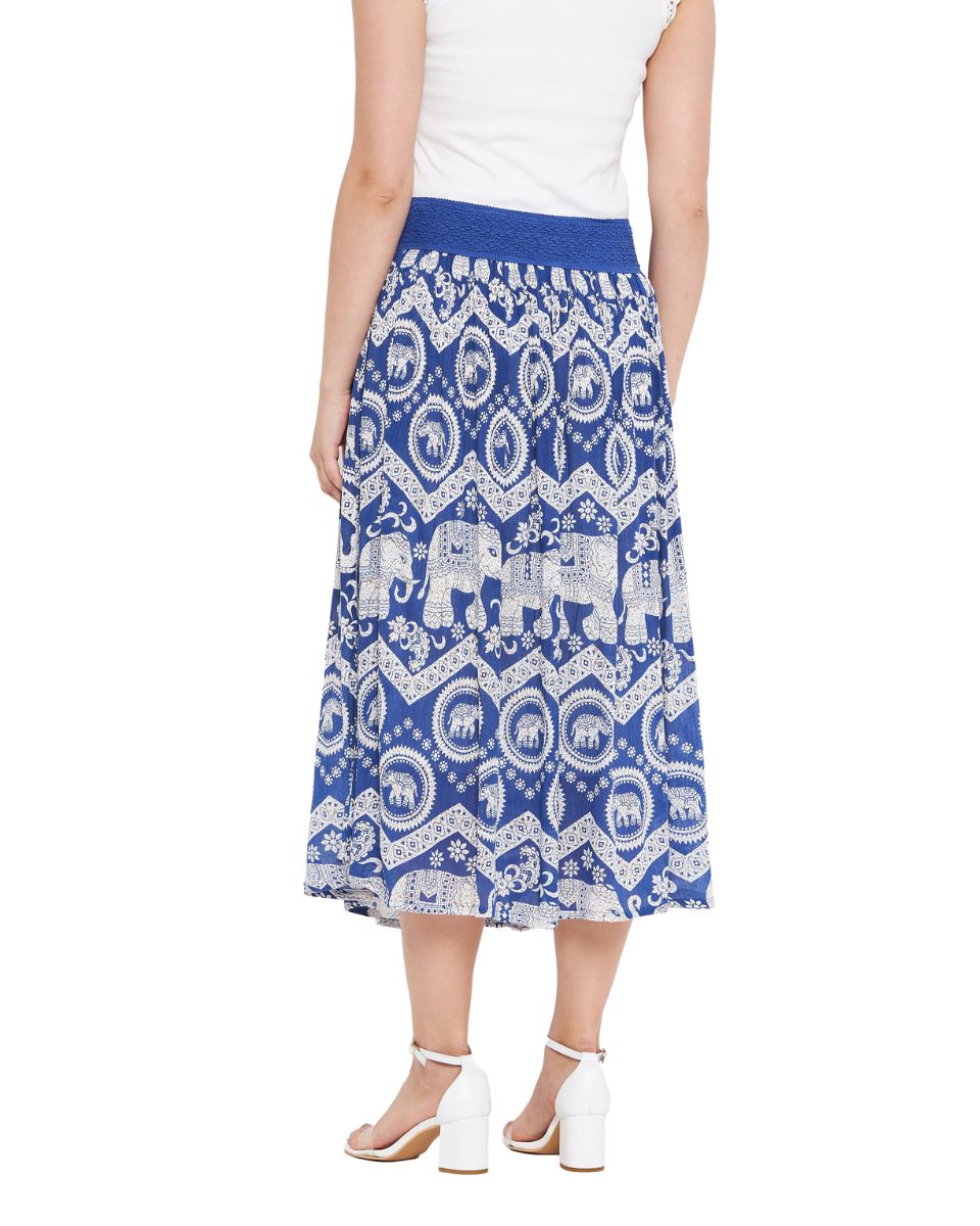 Rajasthani Print Blue Polyester Midi Skirt For Women