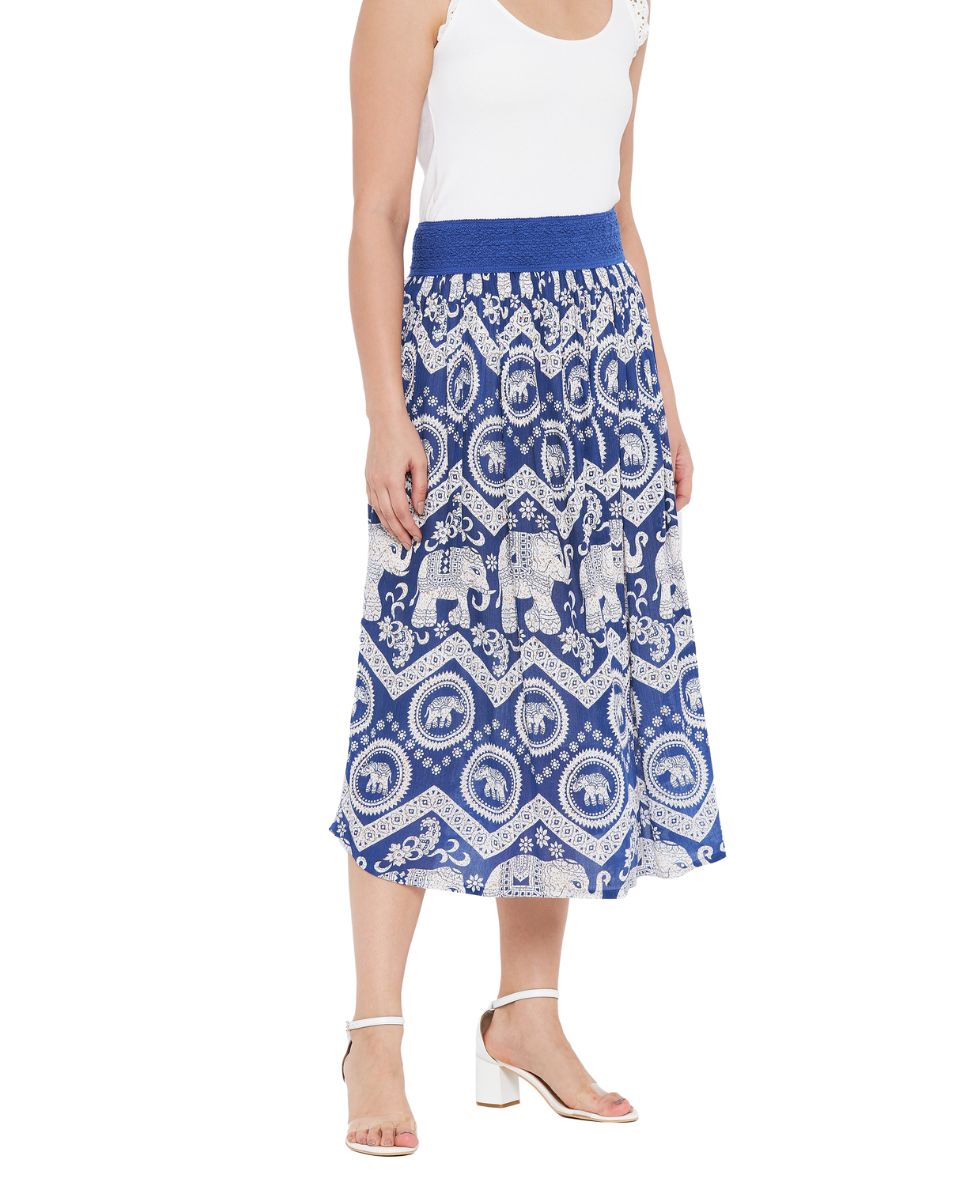 Rajasthani Print Blue Polyester Midi Skirt For Women