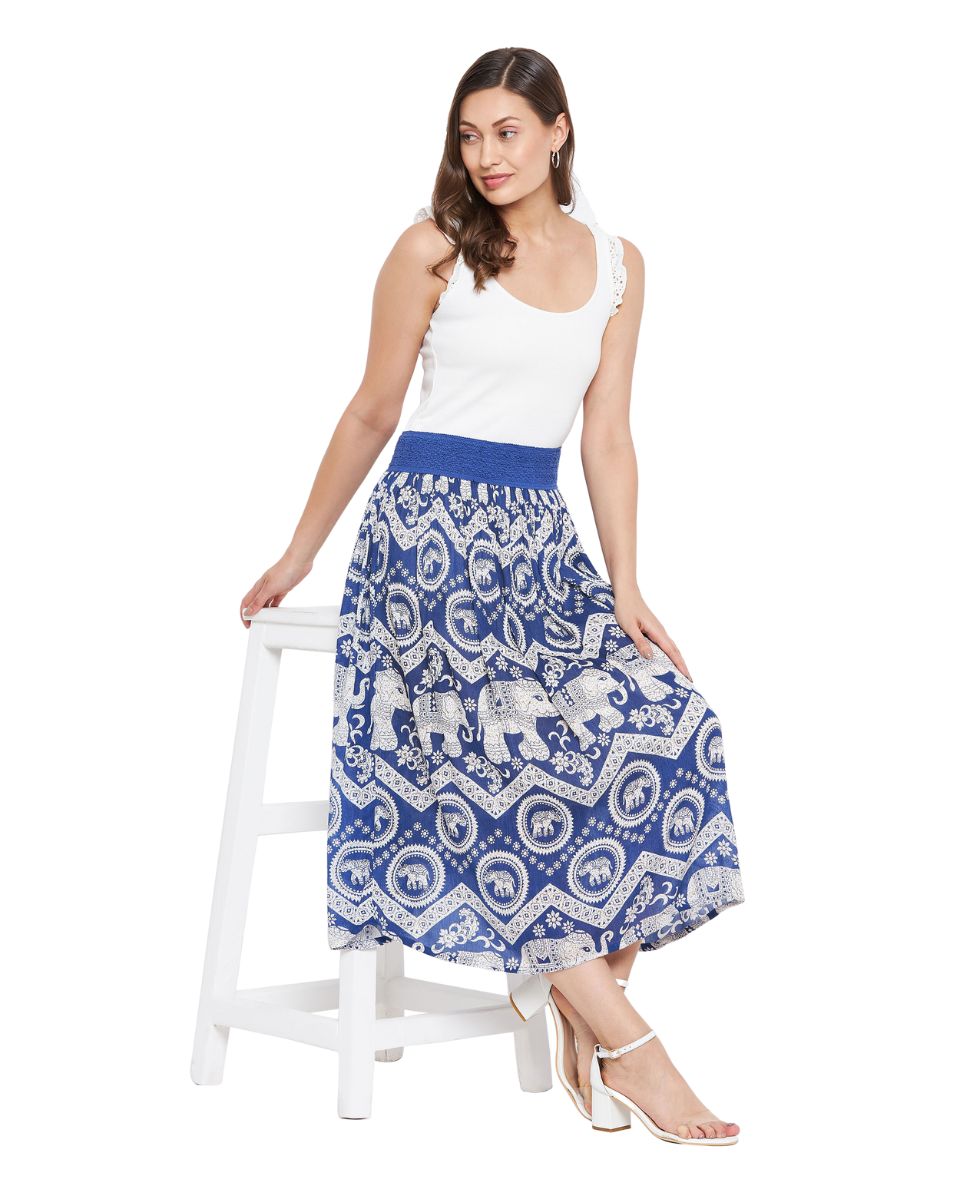 Rajasthani Print Blue Polyester Midi Skirt For Women