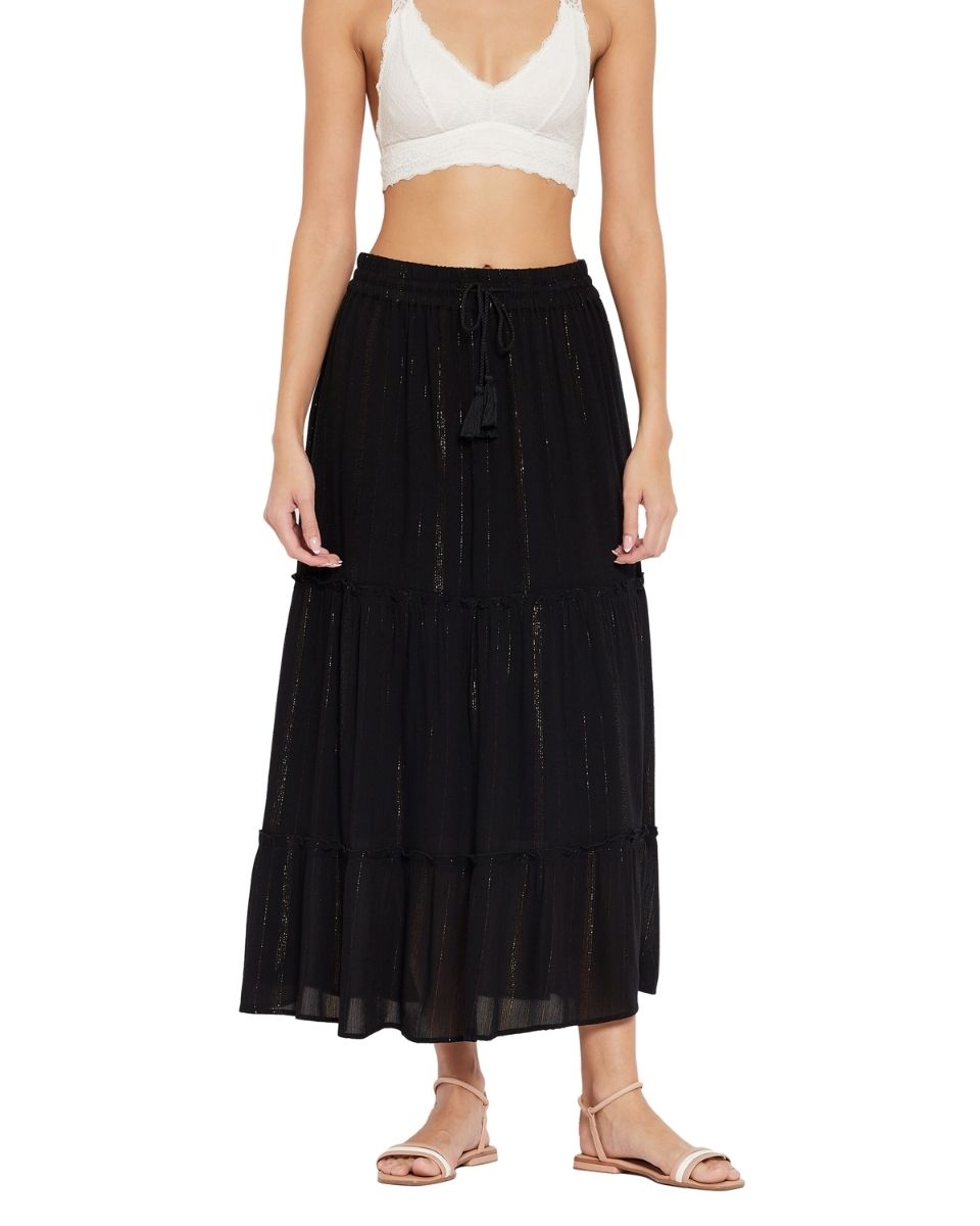 Solid Black Rayon With Lurex Stripes Skirt for Women