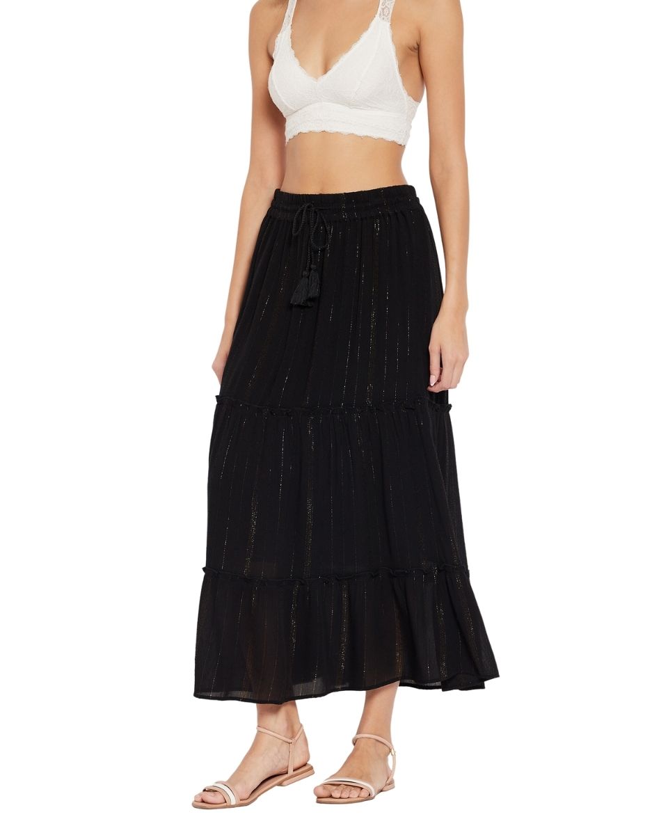 Solid Black Rayon With Lurex Stripes Skirt for Women