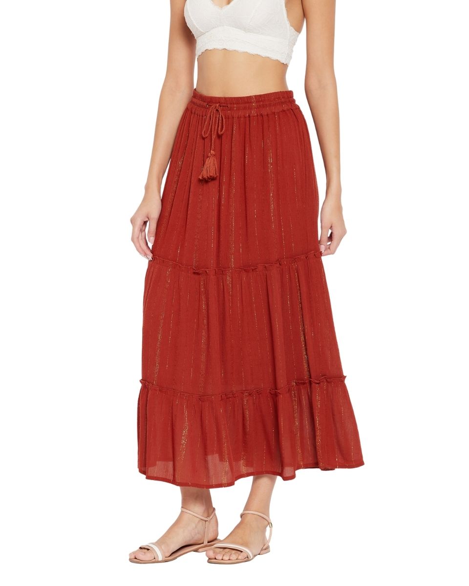 Red Solid Brick Rayon With Lurex Stripes Skirt For Women