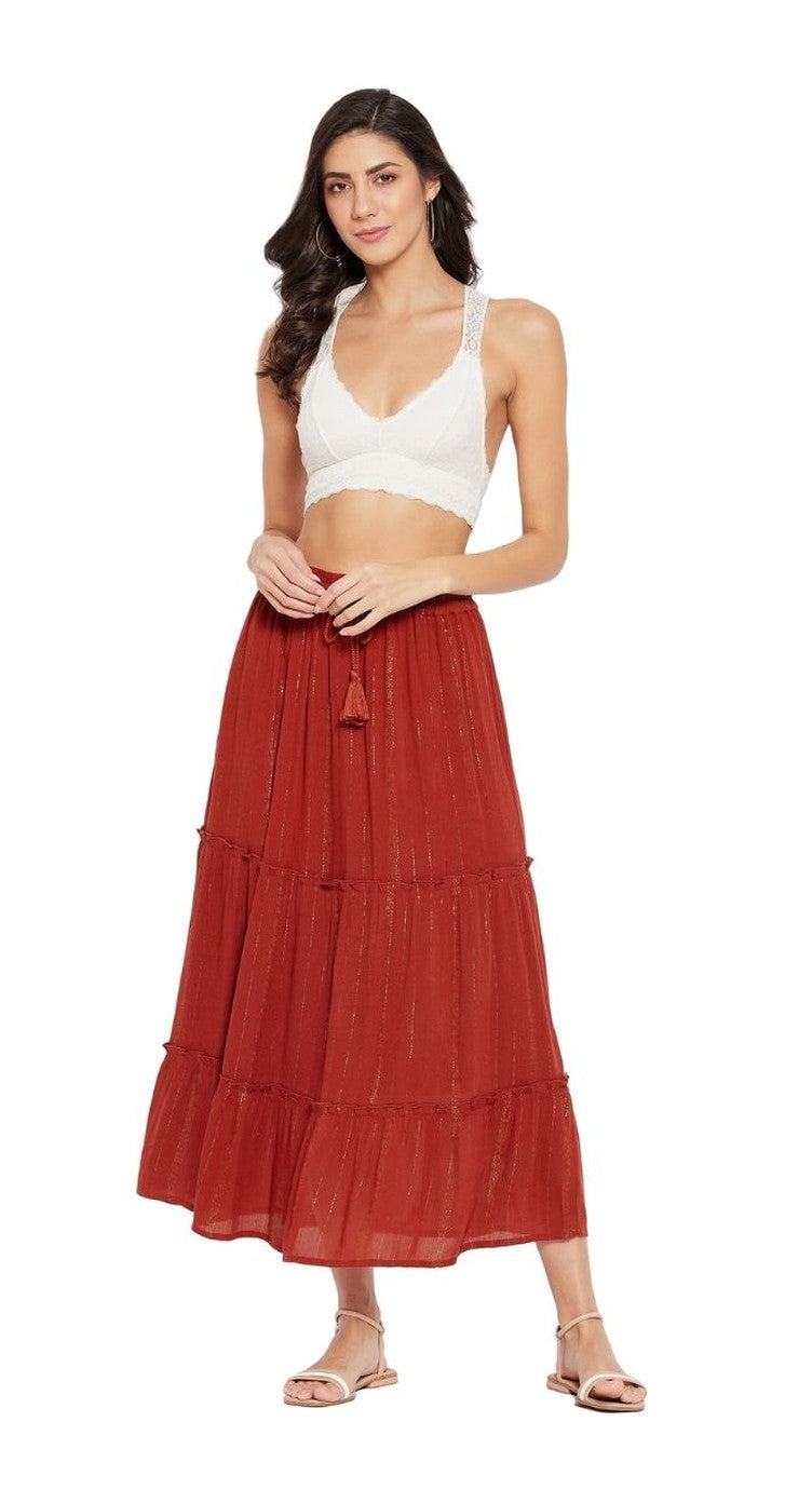 Rust rayon tiered maxi skirt with lurex stripe and drawstring waist