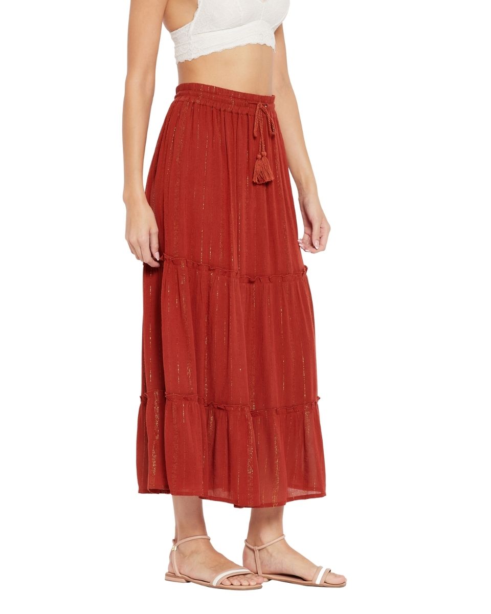 Red Solid Brick Rayon With Lurex Stripes Skirt For Women