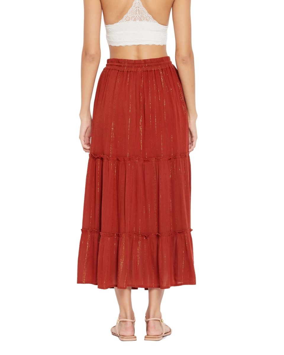 Red Solid Brick Rayon With Lurex Stripes Skirt For Women