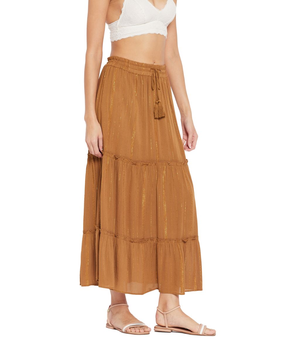 Solid Brown Rayon With Lurex Stripes Skirt For Women