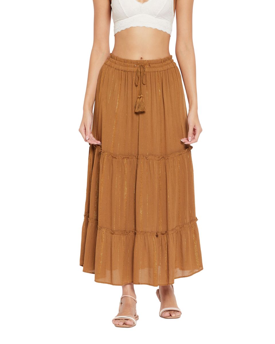 Solid Brown Rayon With Lurex Stripes Skirt For Women