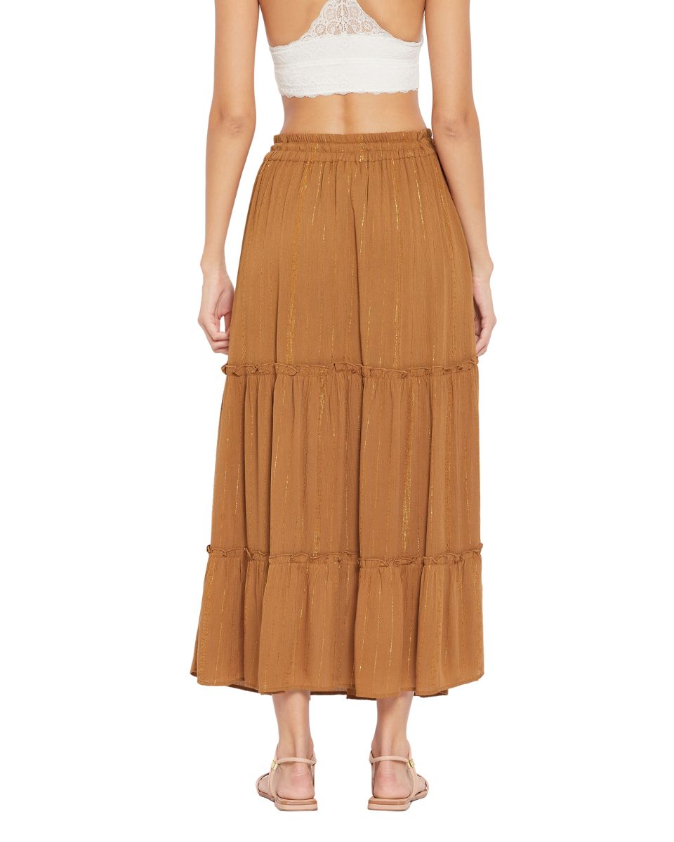 Solid Brown Rayon With Lurex Stripes Skirt For Women