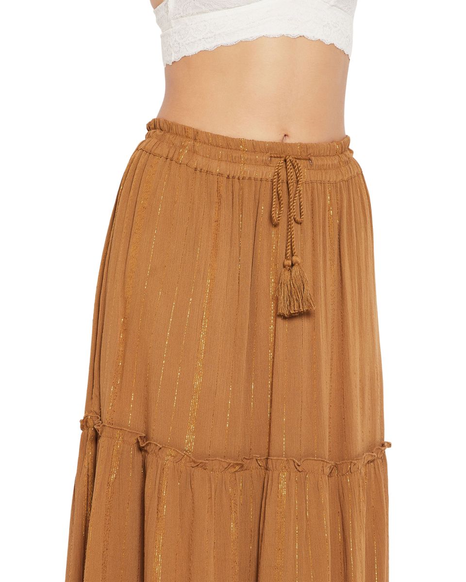 Solid Brown Rayon With Lurex Stripes Skirt For Women