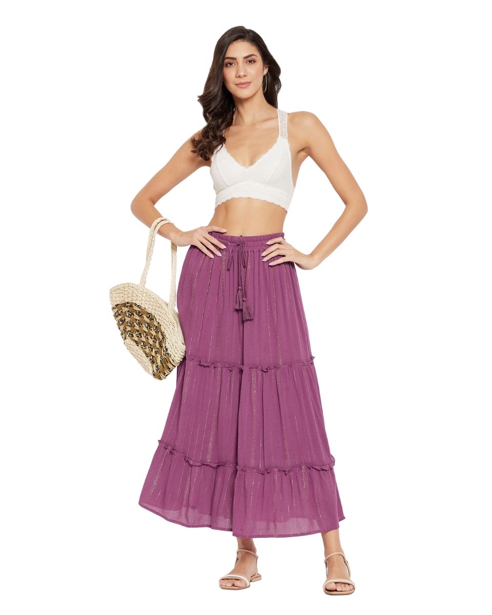 Solid Plum Rayon With Lurex Stripes Skirt for Women
