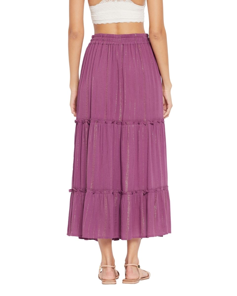 Solid Plum Rayon With Lurex Stripes Skirt for Women