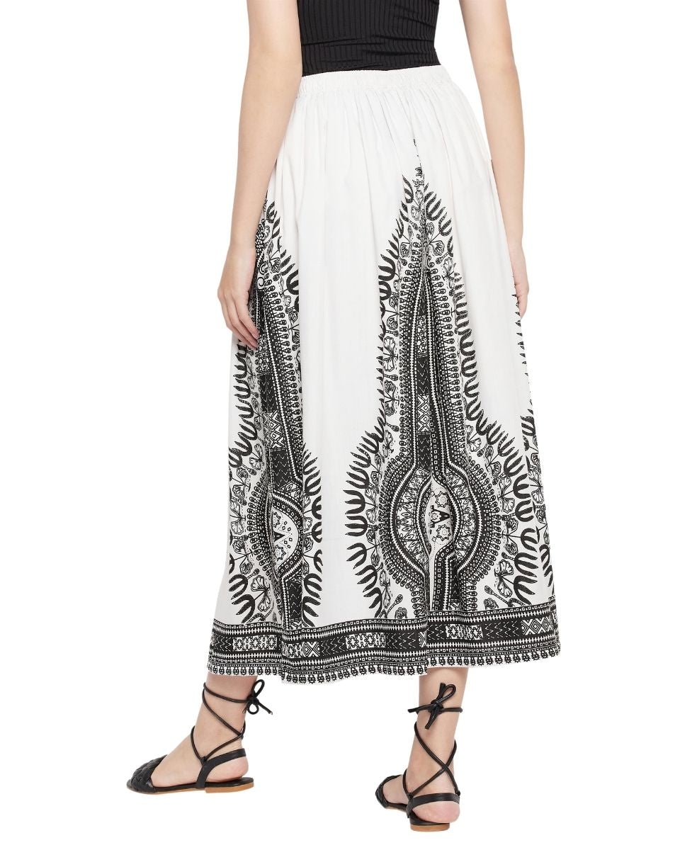 Tribal Printed White Rayon Skirt For Women