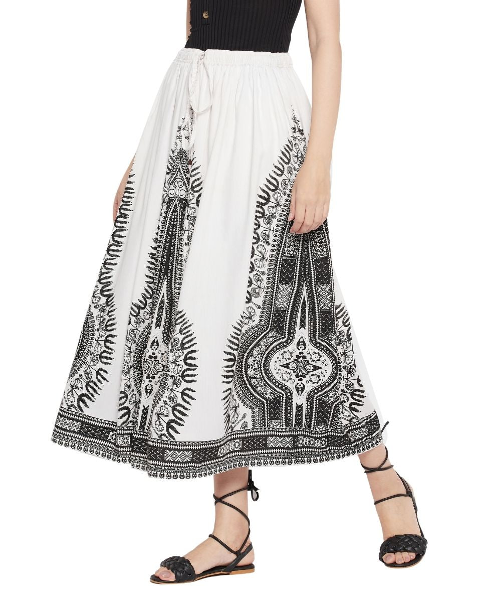 Tribal Printed White Rayon Skirt For Women