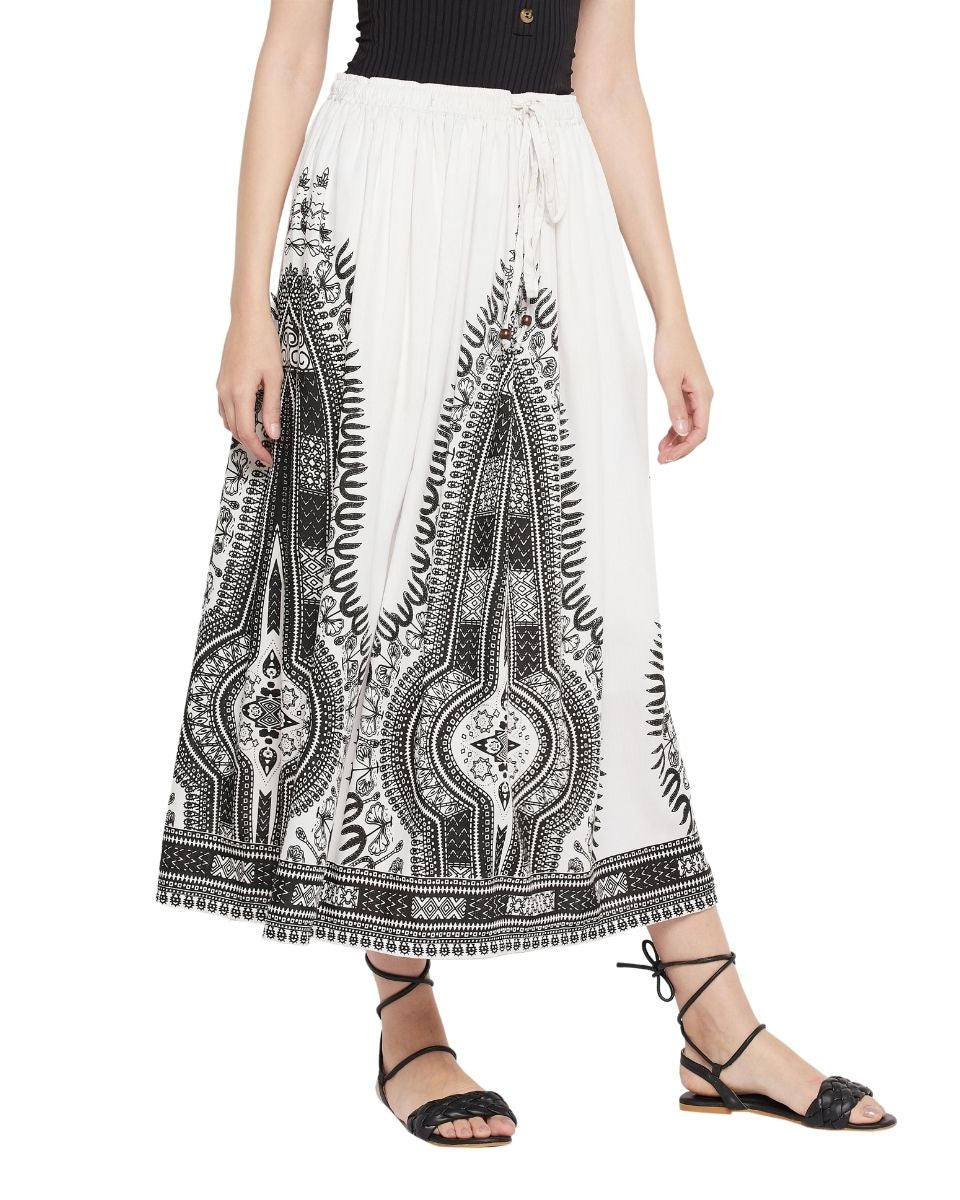 Tribal Printed White Rayon Skirt For Women