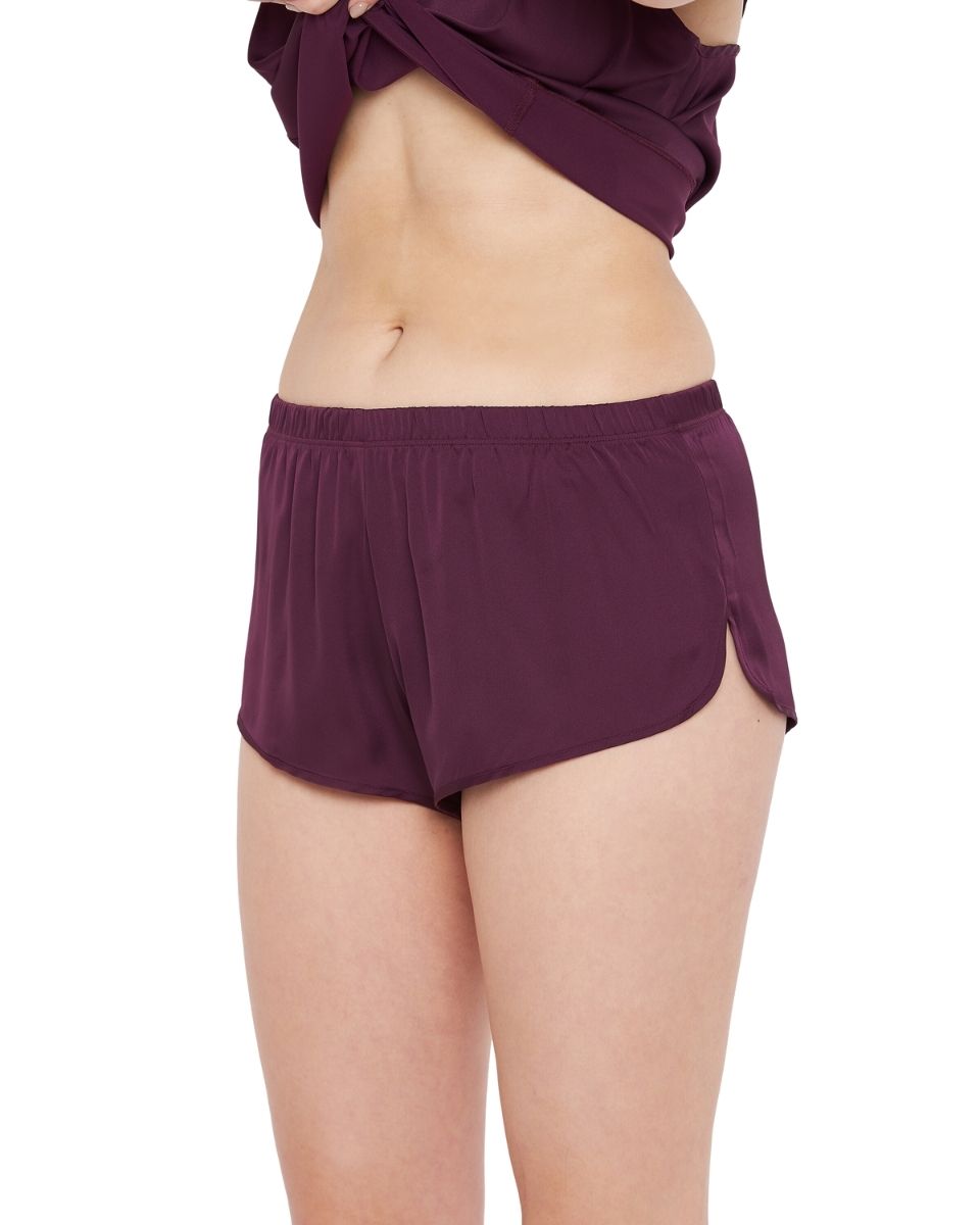 Solid Bordeaux Purple Polyester Satin Shorts for Women