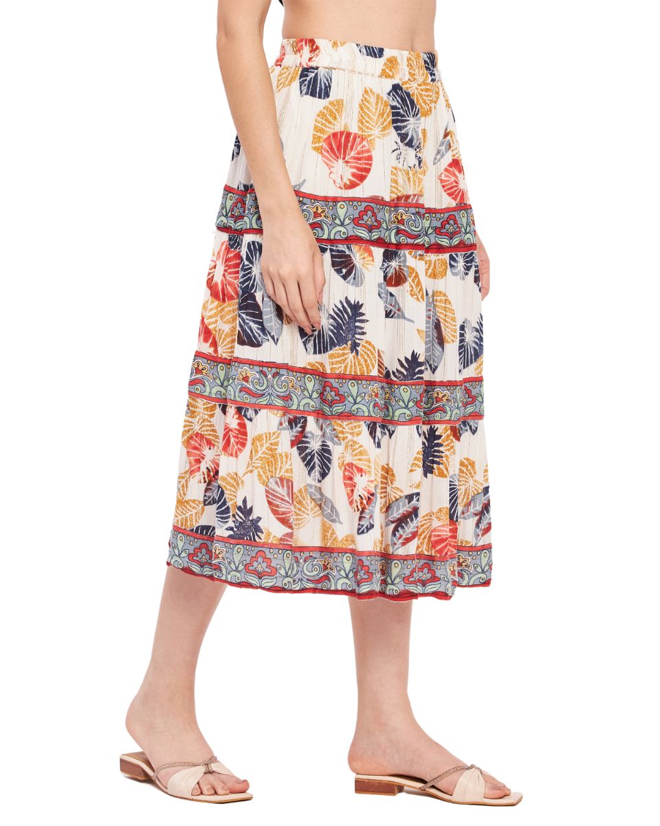 Leaf Printed White And Rust Rayon Crepe Skirt For Women