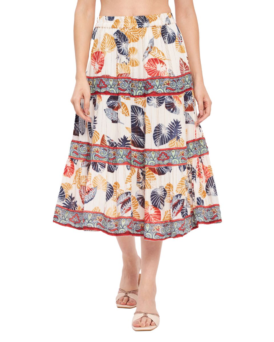 Leaf Printed White and Rust Rayon Crepe Skirt for Women