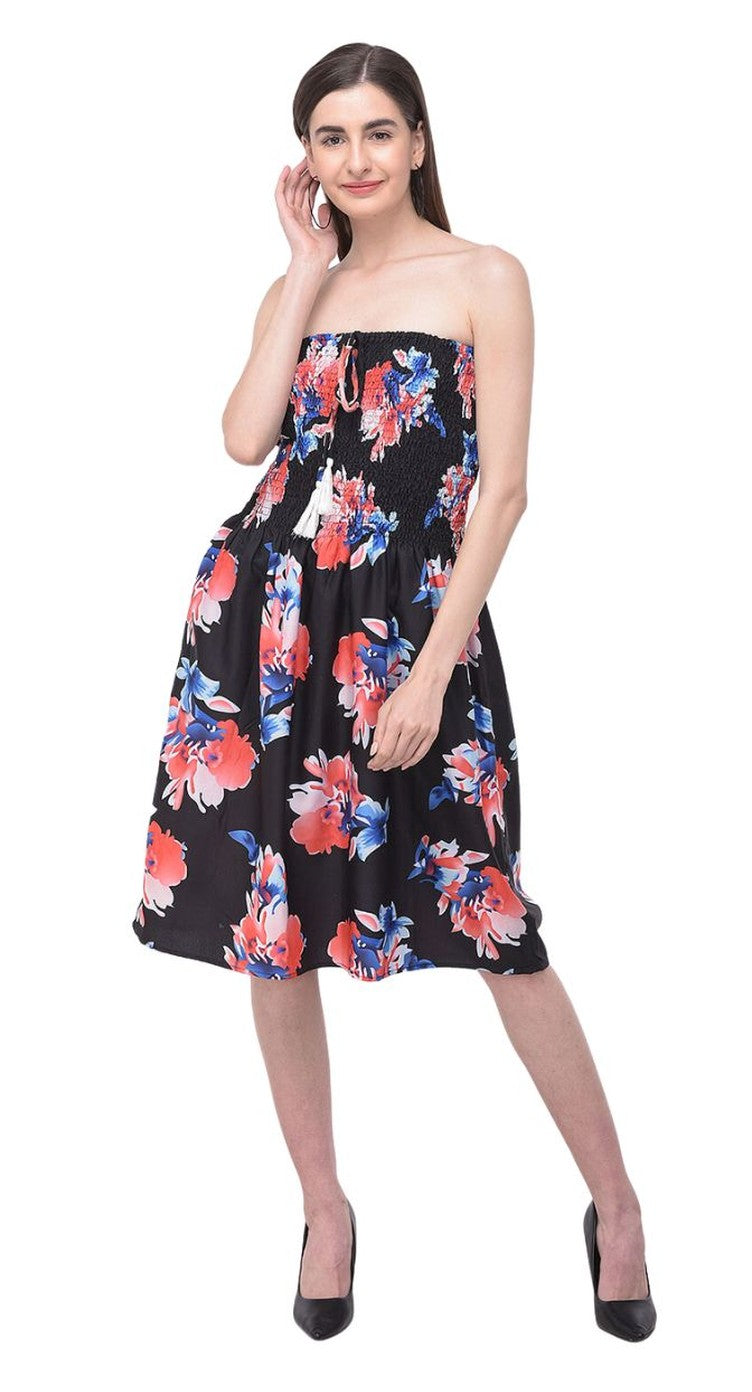Floral Printed Black Polyester Tube Dress For Women - S M L XL - SKU TUBDR36-8096 S - Gypsie Blu