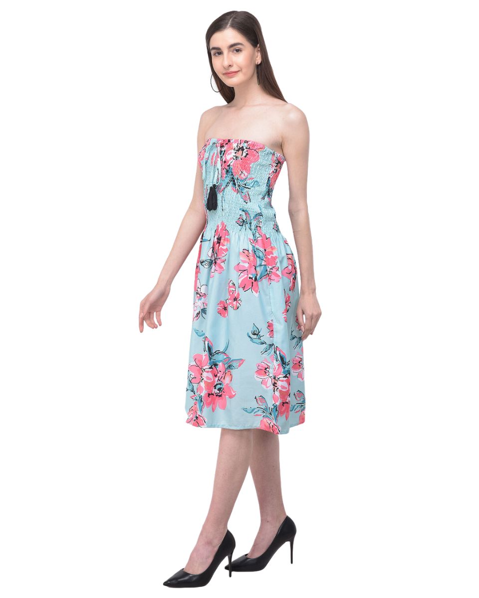 Floral Printed Turquoise Polyester Tube Dress for Women