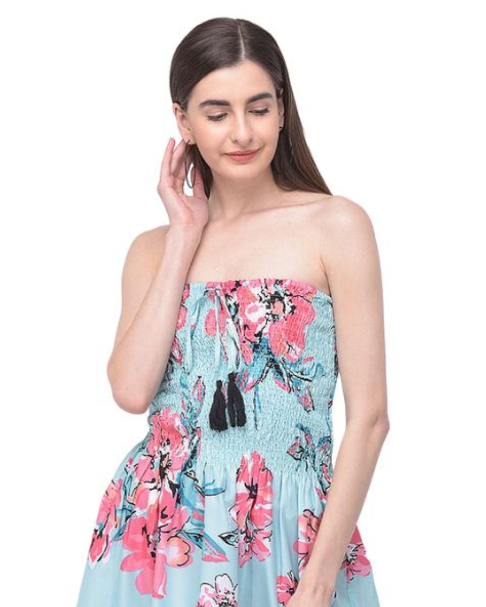 Floral Printed Turquoise Polyester Tube Dress for Women
