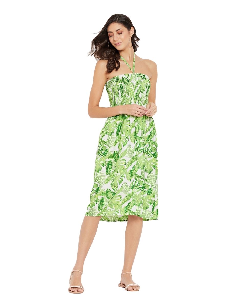 Leaf Printed Green Polyester Tube Dress For Women