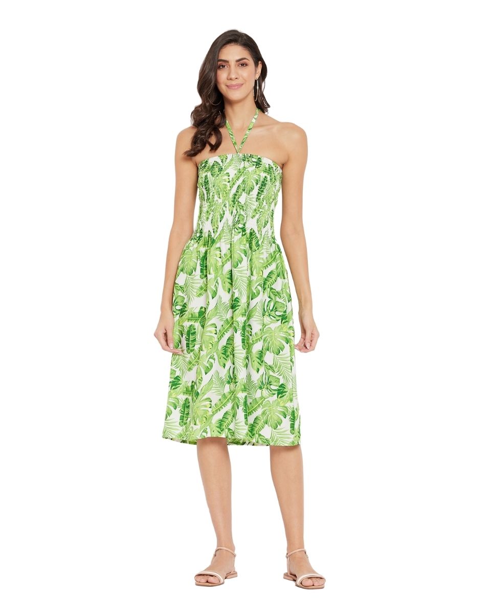 Leaf Printed Green Polyester Tube Dress For Women