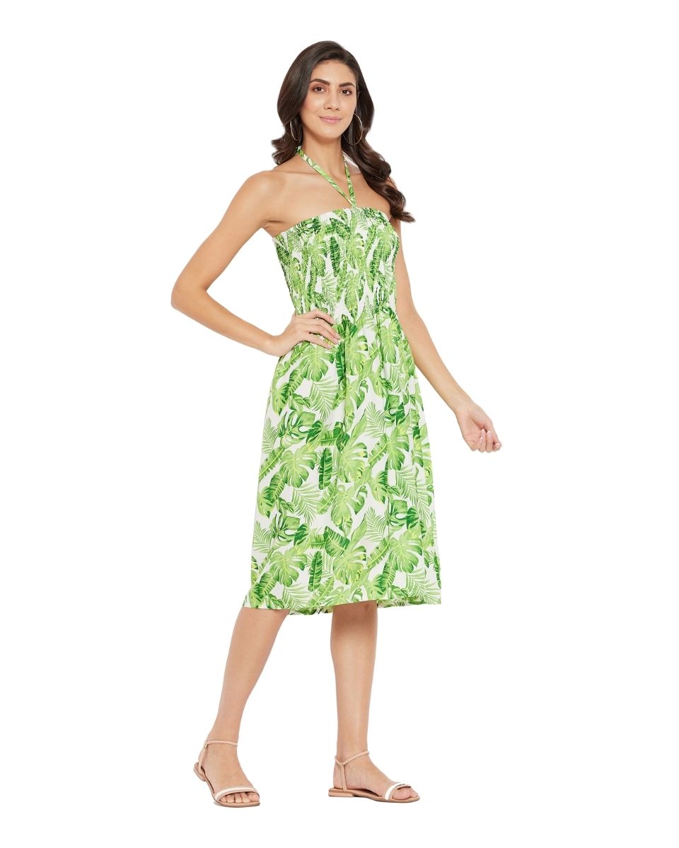 Leaf Printed Green Polyester Tube Dress For Women