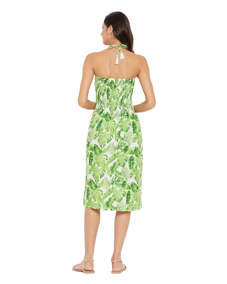 Leaf Printed Green Polyester Tube Dress For Women