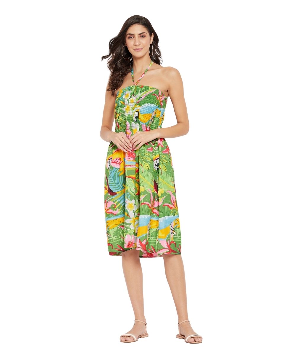 Tropical Printed Multicolor Polyester Tube Dress For Women